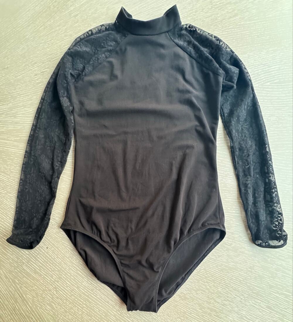 Goth Mock Neck Long Floral Lace Sleeve Dance Leotard Bodysuit S XL fits like S/M